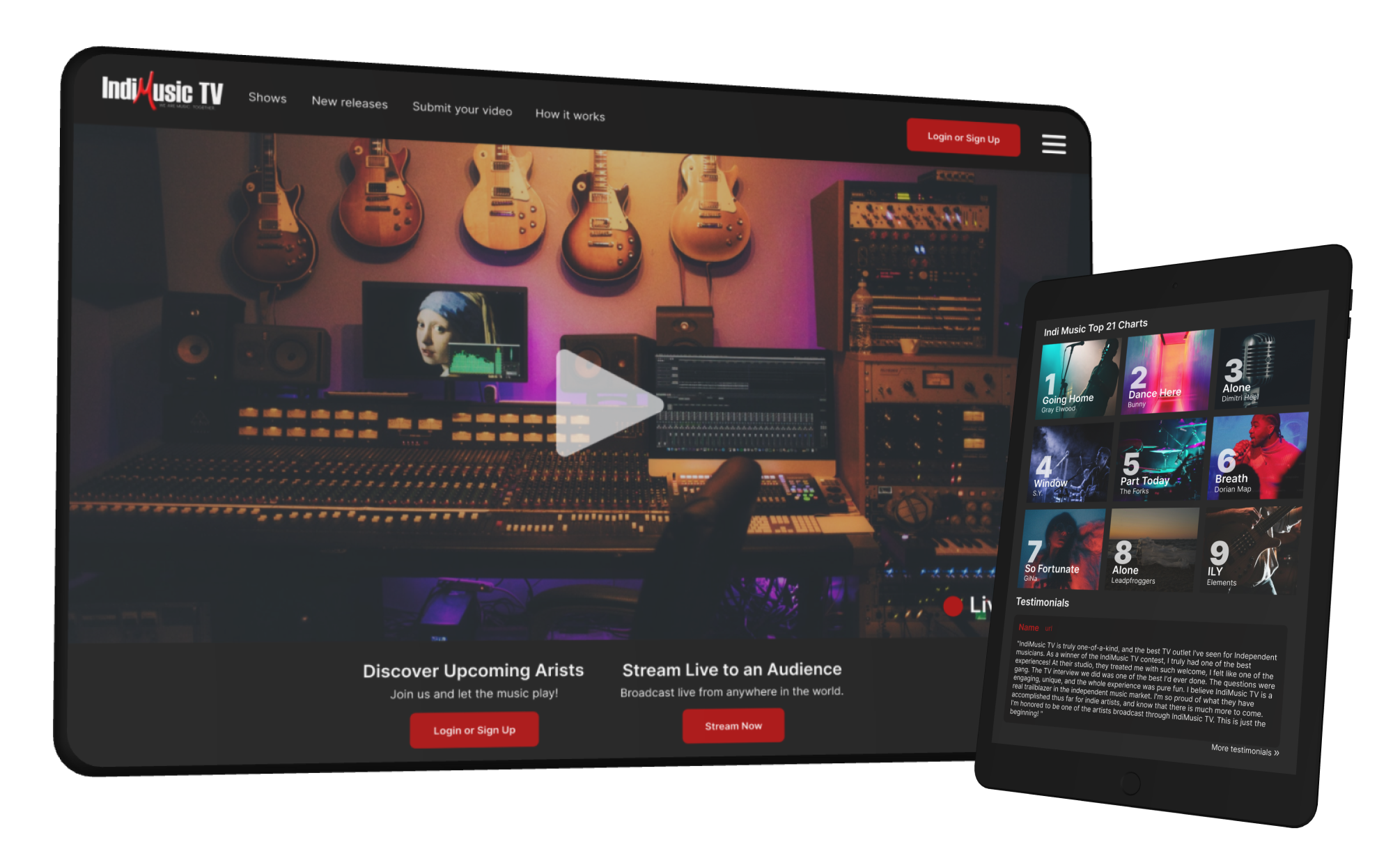 IndiMusic TV computer and tablet mockup